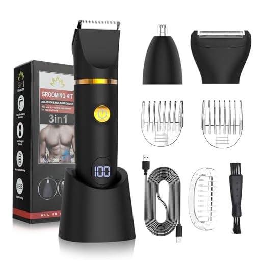 Qreeyx Manscape Body Trimmer for Men, 3 in 1 Men's Grooming Kit with Pubic/Nose Hair Trimmer & Ball Shaver for Nose/Balls/Groin/Legs/Chest Hair Removal, LED Display, IPX6 Waterproof, Gifts for Him Dad