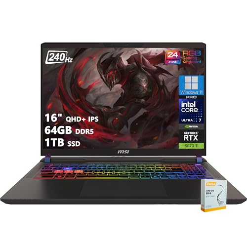 Image of msi Vector 16 HX AI Gaming Laptop | 16 inch QHD+ IPS 240Hz | Intel Core Ultra 7 255HX | 64GB DDR5 1TB SSD | GeForce RTX 5070 Ti (Up to 992 AI Tops) | RGB Backlit Thunderbolt 5 Win11 Pro w /DLCA Accessory
