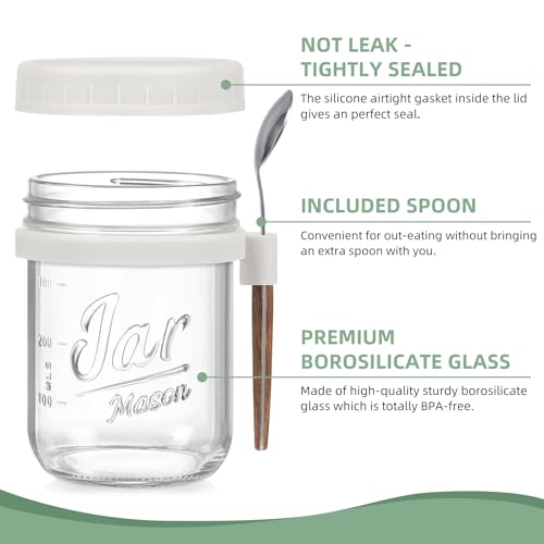 Image of 4 Pack Overnight Oats Containers with Lids and Spoons, 16 oz Glass Mason Jars with Airtight Lids, Overnight Oats Jars for Milk, Cereal, Fruit
