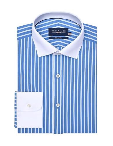 Image of BRIAN OAK LONDON Mens Blue & White Contrast Collar Striped Business Shirt, Tailored Smart Fit (UK, Neck, 15.5, Regular, Regular, Blue/White)