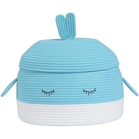 Cottonphant Handcrafted Animal Inspired Basket with Lid | Cotton Storage Solution for Organization in Bedroom | Perfect Organizer for a Shower or Retreat, Light Blue Whale, 15"x12" Cover