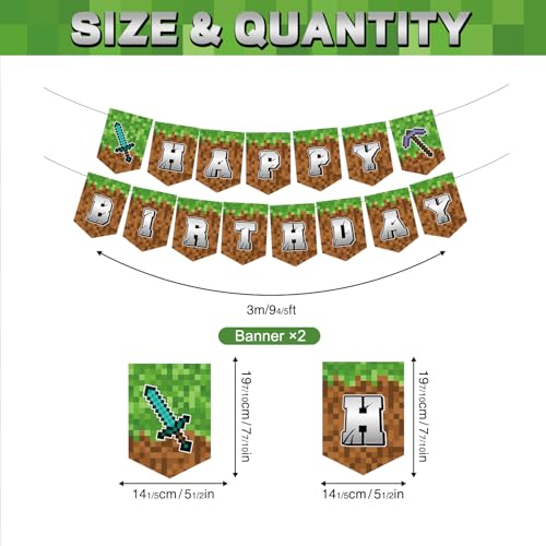 Image of Pixel Style Happy Birthday Party Banner Decorations, Mining Adventure Theme Party Banner, Cartoon Birthday Party Decorations Supplies
