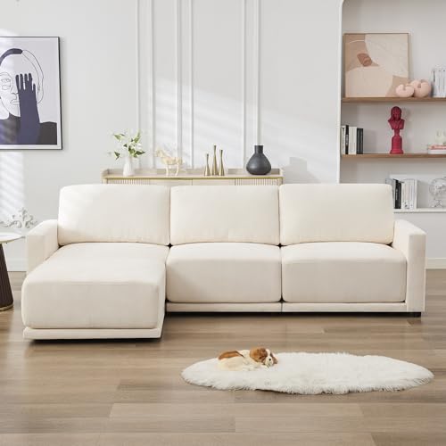 Image of 110.6 inch L Shaped Sectional Sofa for Living Room, Chenille White | Modular Cloud Couch with Movable Ottoman, Comfy Thickened Cushions, 21.5 inch Deep Seat, Modern Sofas for Apartment