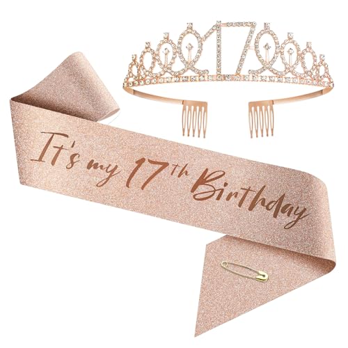 Couronne et écharpe d'anniversaire pour femmes de 1 an à 100 ans - Diadème en strass or rose et écharpe pour décorations (17 ans)