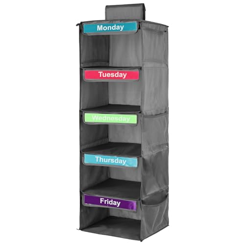 Weekly Clothes Organizer for Kids, 5-Shelf Hanging Closet Organizer with Visual Label, Multipurpose Polyester Clothes Organizer, Monday to Friday Weekly Clothing Organizer for Hats T-Shirts (Gray) by SAEHAEYEE - Used condition - CA$20.37