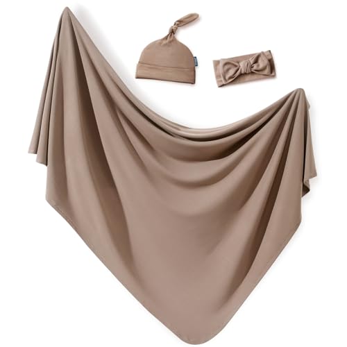 Image of GRSSDER Newborn Swaddle Blanket, Ultra Soft Jersey Receiving Blanket with Matching Headband and Beanie Set 33x44 inch, Stretchy Baby Neutral Swaddle Wrap for Girls and Boys