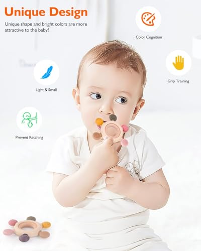 Image of Silicone & Wooden Baby Teether for 0-12 Months | Food Grade Silicone Teething Toy | Soft & Safe Gum Relief | BPA Free Chew Toy for Infants 3-6, 6-12 Months | Teething Toys for Babies (Round Ring)