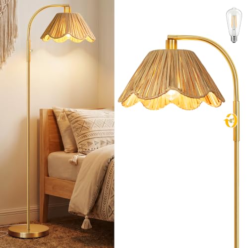 Image of QiMH Gold Floor Lamp for Living Room, Modern Standing Lamp with Raffia Lampshade, Stepless Dimmable Rotary Switch, 63 inch Farmhouse Adjustable Tall Stand up Lamp for Bedroom Home Office Boho Decor