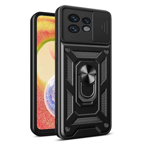 Image of Heavy Duty Back Case Cover for Moto Edge 40 Pro 5G, Shockproof Moto Edge 40 Pro Back Cover, Ring Case with Kickstand and Camera Protection Shutter - Black