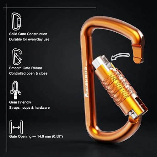 Image of FresKaro 3inch 12kN-2698lbs Auto Locking Carabiner Clips, Solid D Shape, Heavy Duty 7075 Aluminum, Lightweight 1.09oz, Rust Proof, for Hammock, Hiking, Dog Leash, Keychain etc., Multi-Colors