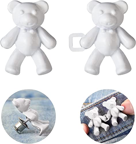 Image of 2pcs Cute Bear Button Pins for Jeans Adjustable Teddy Bear Button Pins Waist Buckle for Loose Jeans Pants, Detachable Buttons for Jeans Waist Buckle No Need Sewing Waist Tightener Clip (Bear White)