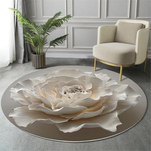 Tapis beige 100 cm rond à poils courts et motif rose 3D - 3