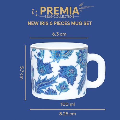 Image of Larah by BOROSIL 100ml x 6pc Opalware New Iris Tea /Coffee Mug Set, Microwave & Dishwasher Safe Embossed Design Crockery Set Ideal for Daily Use & Gifting