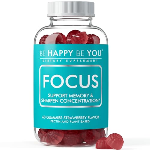 Be Happy Be You Focus Gummies NAD+ Brain Supplement with Phosphatidylserine Alpha GPC Choline & Green Tea Extract Memory & Focus Support Strawberry 60 Count Made in USA