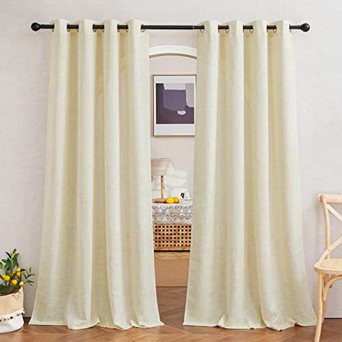 NICETOWN Linen Curtains 63 inch Long for Living Room, Grommet Semi Sheer Curtains Flax Linen Blend Privacy Added with Light Filtering Drapes for Farmhouse, Butter, W52 x L63, 2 Panels