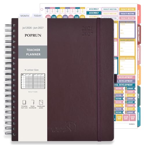 POPRUN Teacher Lesson Planner 2026-2027, (Letter Size - 8.5'' x 11'') Academic Planner July 2026 - June 2027 with Gradebook & Color Monthly Tabs, Thick Paper, 2-Sided Pocket, Leather Cover,
