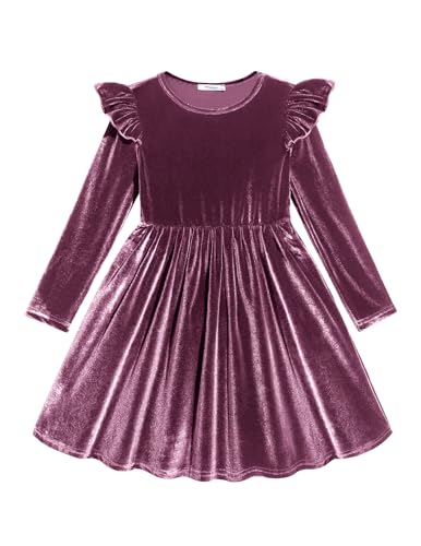 Arshiner Toddler Velvet Dress Little Girls Fall Winter Long Sleeve Ruffle Holiday Birthday Party Dresses with Pockets