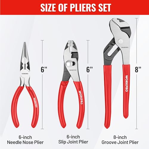 Image of WORKPRO Pliers Set, 3-Piece Plier Tool Set with Soft Handle, 6 inch Needle Nose, 6 inch Slip Joint, 8 inch Groove Joint Plier for DIY & Home Use