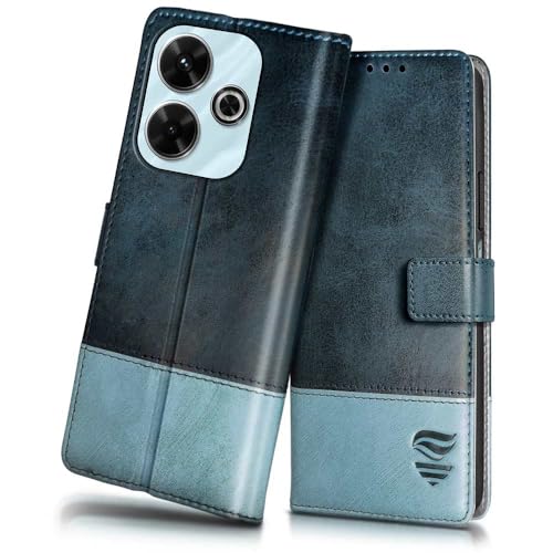 FLIPPED Vegan Leather Flip Case Back Cover for Mi Redmi 13 5G | Poco M6 Plus 5G (Flexible, Shock Proof | Hand Stitched Leather Finish | Card Pockets Wallet & Stand | Blue with Aquamarine)- Best and cheap mobile covers in India