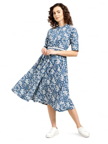 Image of Rama's Women's Printed Cotton One Piece Dress | V-Neck | 3 /4 Sleeves | Empire Waist | Knee Length Casual Dress for Women