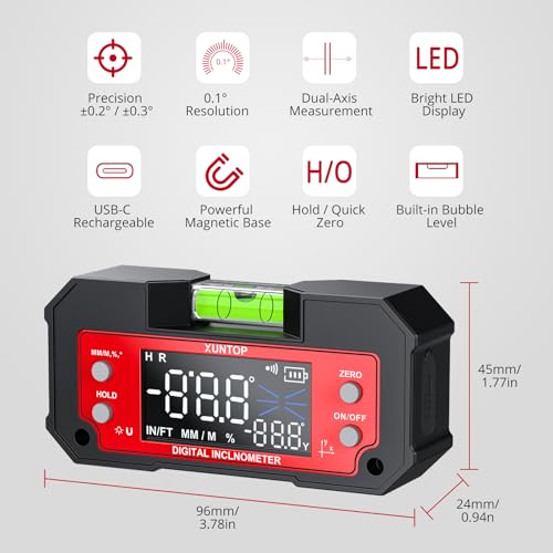 Image of XUNTOP Digital Angle Finder Tool Dual Axis X-axis of 4x90 and Y-axis of ±60 Powerful Magnetic Base Level Box Type-C Rechargeable Digital Inclinometer with LED Display for Woodworking Table Saw