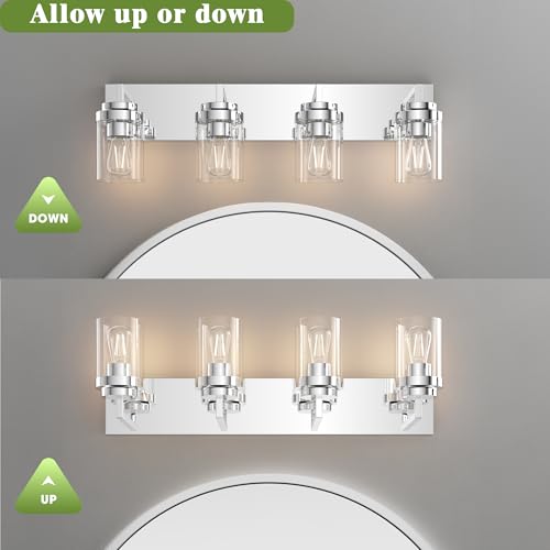 Image of Chrome Light Fixtures, 4 Light Bathroom Vanity Light with Clear Glass Shade, 30 in Modern Vanity Light, Bathroom Lighting Fixtures Over Mirror for Living Room