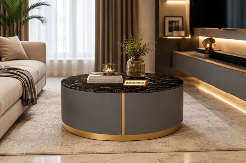 Image of Marble Top Royal Crest Round Center Table | Premium Marble Top Coffee Table for Living Room | Modern Luxury Design 30x30x15.5 Inch (Gray)
