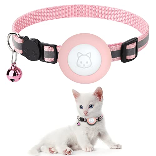Airtag Collar de gato con campana separada, correa ajustable reflectante con caja de etiqueta de aire para gato gatito (rosa) Cover