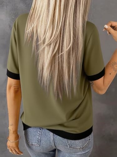 Womens Sweaters Casual Crewneck Short Sleeve Striped Color Block Knitted Cotton Trendy Pullover Sweater Tops2