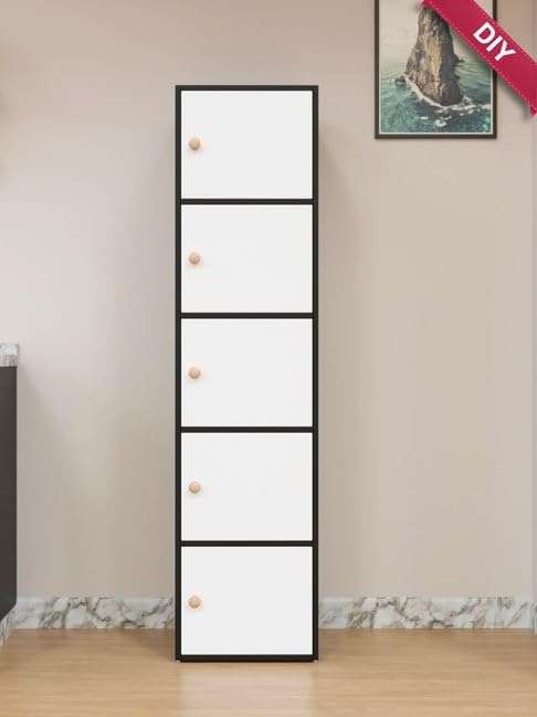 Image of Mevigo -Foldable Wooden Wardrobe for Bedroom | 5-Shelf Engineered Wood Storage Cabinet | Collapsible Cupboard Almirah for Clothes | Space Saving Wooden Wardrobe with Door -Black