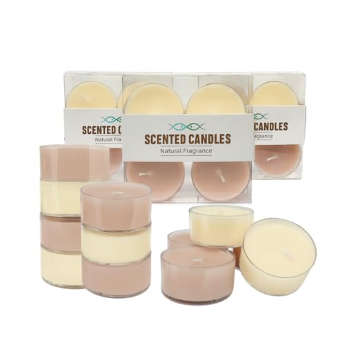 12 Pack Scented Tealight Candles, Bee Wax & Soy Wax Blended Tea Light Candle, Cream White & Light Brown, White Tea Scented, Mini Candles in Clear Acrylic Cups for Home & Candle Party