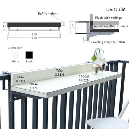 Mesa colgante ajustable de balcón de aluminio blanco y diseño plegable de 120cm 3