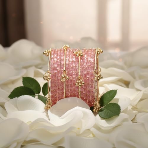 Image of Kashmiri Ghangharoo Glass Bangle Set for Women| Light Weight Bangles | Traditional Transparent Fancy Glass Chudi Set for Wedding, Party|Set Of 16(12 Glass + 4 ghungroo bangles)