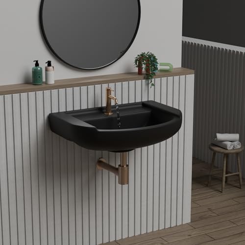 Image of REMOTION Ceramic Wall Hung Corner Wash Basin for Bathroom | Wall Mounted Corner Sink | Space-Saving, Durable & Stylish Design (18.5 x 14 x 7.5 Inch) (Black)