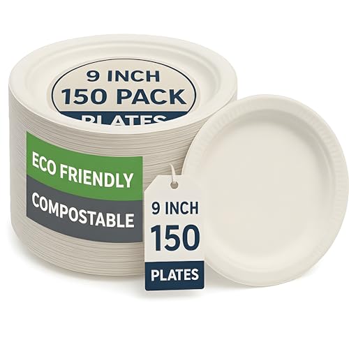 9 Inch Compostable Paper Plates – 150 Pack | Eco-Friendly Disposable Plates | Sturdy, Tree-Free, Heat & Leak Resistant Alternative to Plastic Plates