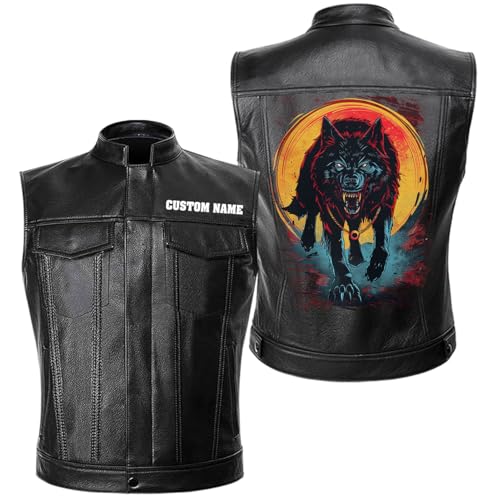 Wild Wolf with Blood Moon, Retro Wolf Biker Motorcycle Jacket, Personalized Men PU Leather Vest Coat Jackets