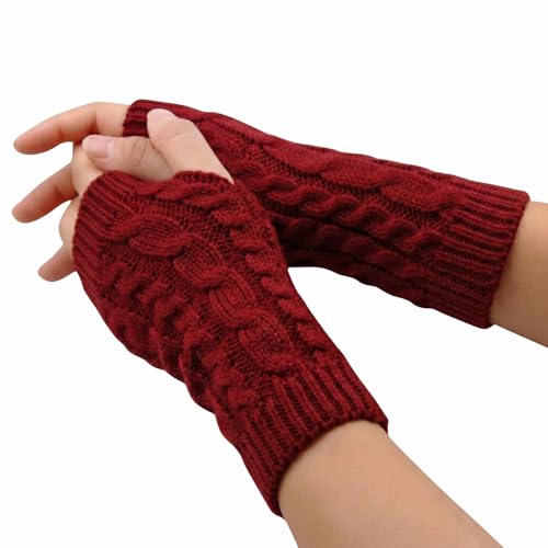 Image of Kraptick Women's Cable Knit Fingerless Gloves - Winter Soft Woolen Arm Warmers with Thumb Hole - Thermal Half Finger Mittens for Typing, Driving & Texting (Free Size, Khaki)
