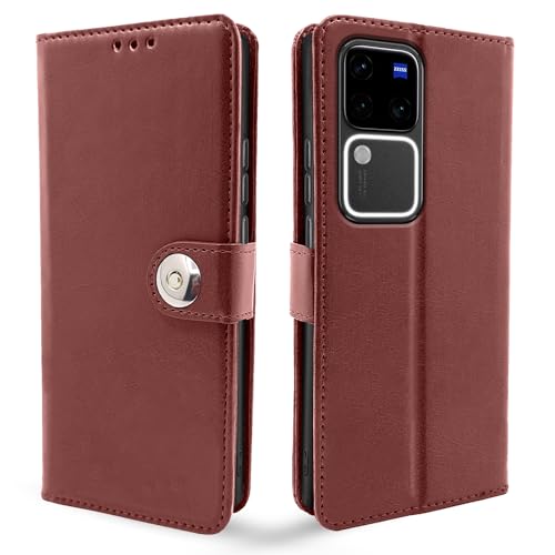Image of Pikkme Vivo V30 Pro 5G Flip Cover Leather Finish | Inside TPU with Card Pockets | Wallet Stand and Shock Proof | Complete Protection Button Flip Case (Brown)