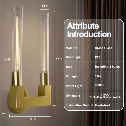 Modern Brass Wall Sconce,19 Inch Gold Double Bathroom Wall Sconces with Clear Glass Tube,Indoor 2-Light Vanity Mirror Wall Lights,for Bathroom,Living Room,Bedroom,Hallway,Entryway,Fireplace,Staircase