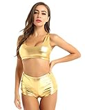 MSemis Woman 2 Piece Sports Outfit Metallic Racerback Bra Crop Top High Waist Shorts Bottom Tracksui