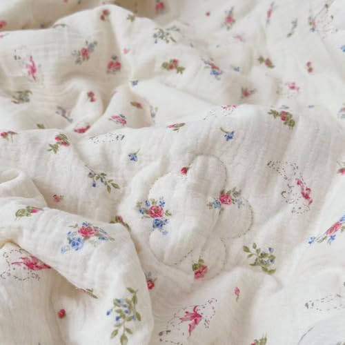 Image of BuLuTu Muslin Cotton Children Quilt for Todder /Twin Bed, Chic Shabby Pink Floral Sheep Design Kids Comforter Girls Boys Quilted Blankets for All Seasons, Soft Breathable, 60x78 Inches