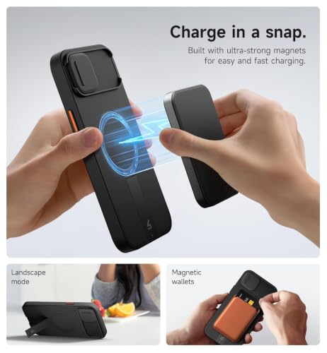 Image of SURITCH for iPhone 14 Plus /15 Plus Case with Magnetic Camera Slide Cover and Adjustable Kickstand, Compatible with MagSafe, Shockproof Bumper Case Slim Protective Cover 6.7 Inch, Black