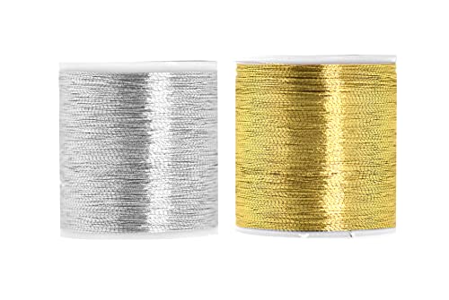 Mandala Crafts Metallic Embroidery Thread Set – Silver Gold Metallic Thread For Sewing Machine And Hand Decorative Sewing – 218 Yards 200M Silver Gold Thread For Embroidery Needle Work #TOP6