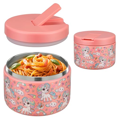 12oz Insulated Vacuum Food Jar with Buckle Lid Wide Mouth Soup Thermo for Hot Food Kids Leakproof Stainless Steel Lunch Container (Pink-Horse)