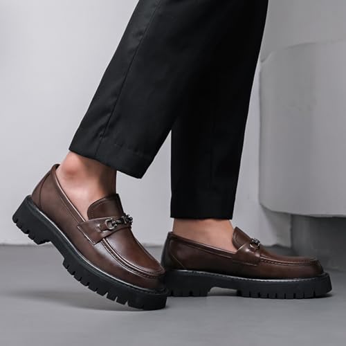 Image of Mens Patent Leather Slip-On Platform Dress Horsebit Loafer Low Heels Round Toe Non-Slip Penny Shoes for Formal Business Wedding