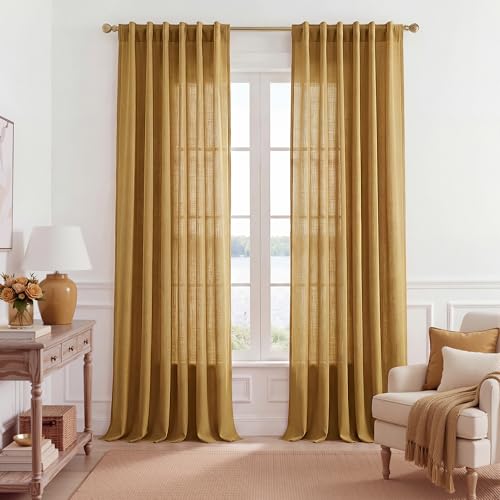 NICETOWN Gold Brown Linen Curtains 84 inch Long 2 Panels Set, 55" Wide Thick Flax Linen Blend Organic Home Decor Rod Pocket & Back Tab with Light Filtering for Bedroom/Living Room