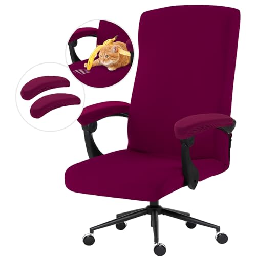 Image of DIVA EN CAMINO DEC Stretch Computer Office Chair Cover with Armrest Covers Durable Zipper Universal Spandex Rotating Boss Chair Slipcovers Anti-dust Soft Desk Chair Seat Protector, Wine Red