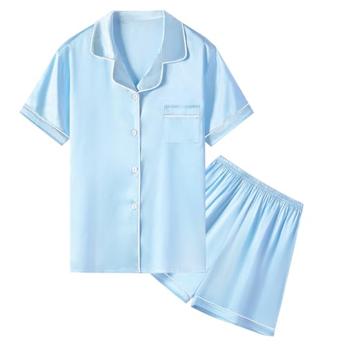 Image of Umeyda Women & Girls Pajamas Set, Soft Satin Lightweight Silk Button-Down Top with Shorts 2 Piece PJS for Mom Boys Kids Gifts