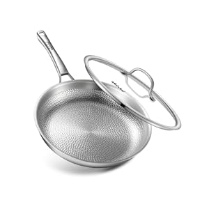 Sartén de titanio, 12 pulgadas de titanio puro martillado Pro con tapa, sartén antiadherente para cocinar, no tóxico, sin PFAS/PFOA/PTFE, apto para lavavajillas y horno, compatible con
