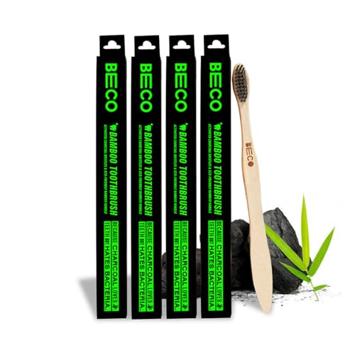 Beco Compostable Bamboo Toothbrush with Ultra-Soft Charcoal activated Bristles, 100% Natural & Eco-Friendly (Pack of 4)